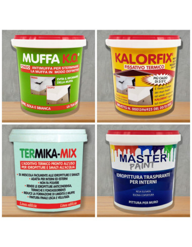 Kit Poca Muffa per 4/5 mq: Muffa Ko lt.1 + Kalorfix lt.1 + TermicaMix lt.1 + MasterPaint lt.1