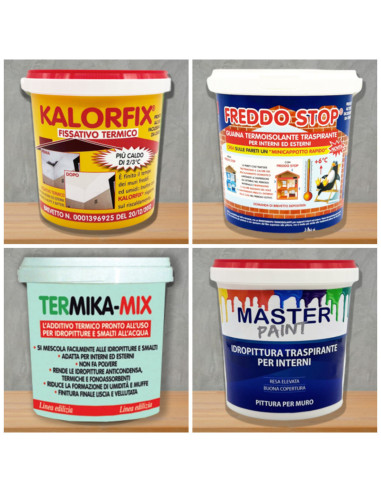 Kit Pareti Umide e Fredde (senza muffa) per 4/5 mq: Kalorfix lt.1 + FreddoStop lt.1 + TermicaMix lt.1 + MasterPaint lt.1