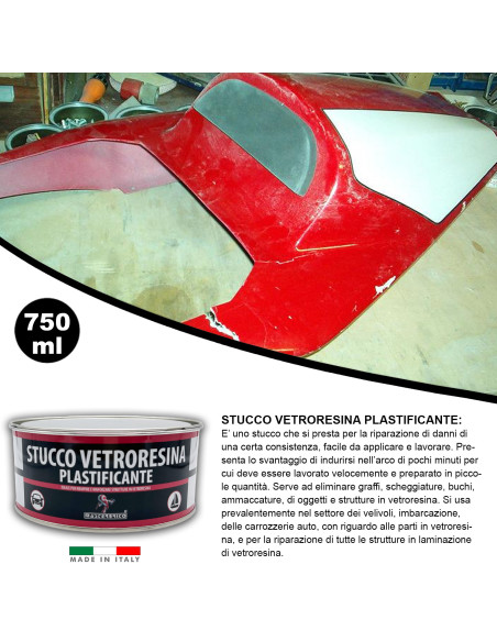 Stucco Vetroresina bicomponente 750 ml per barche carrozzeria auto moto e legno, riempitivo fibro rinforzato