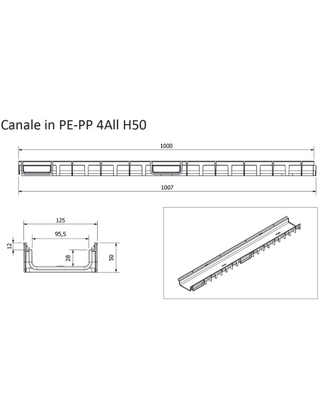 Canaletta di scolo acqua carrabile in PP-PE con griglia PP-PE 125x50 Kit 3 pz